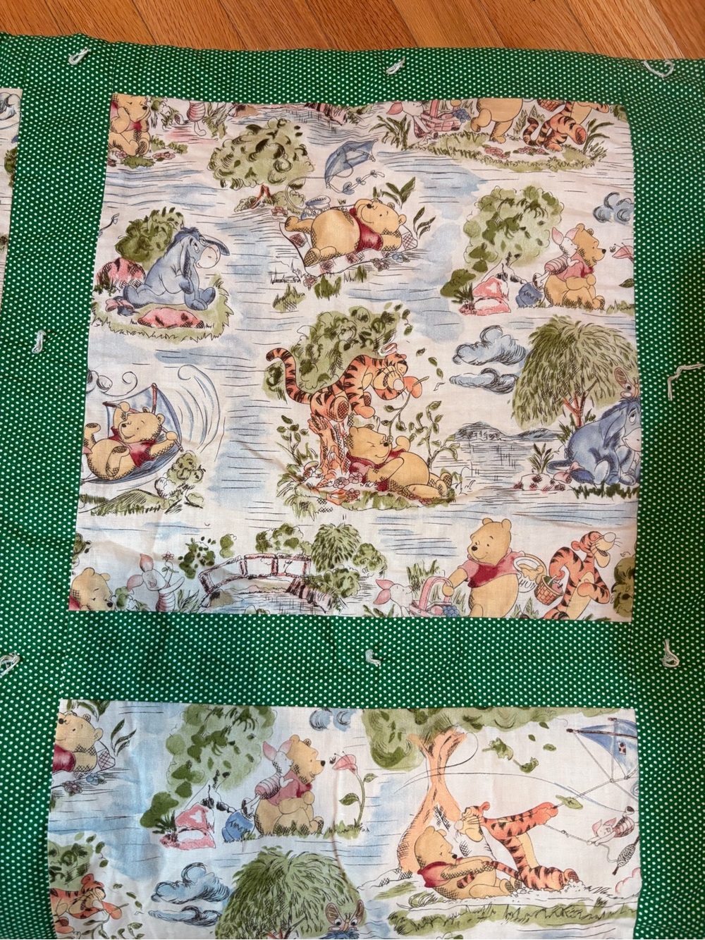 Vintage Green Patchwork Throw Quilt Baby Blanket Cotton Winnie the Pooh Print